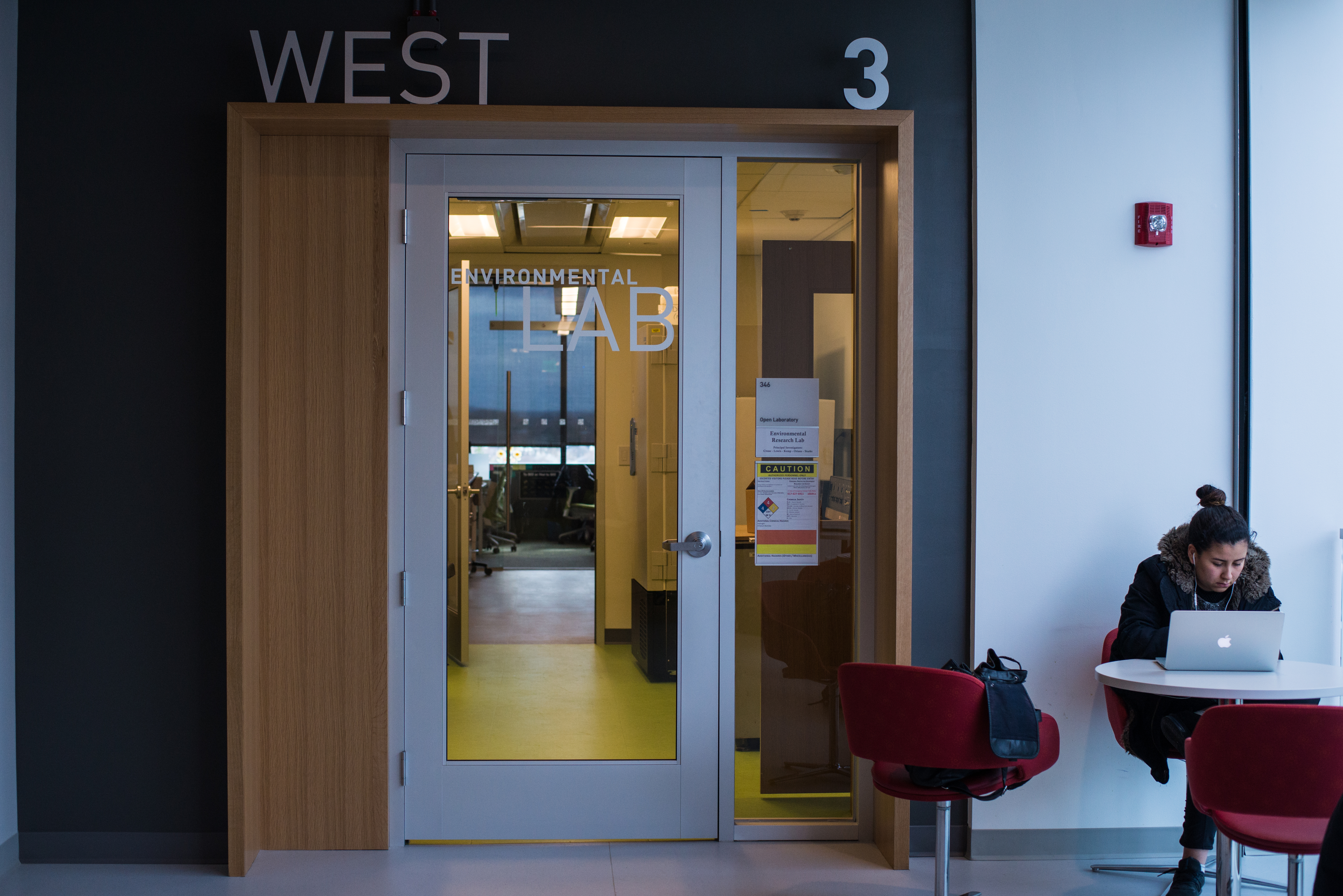 This door to West Lab leads to the accessible route from the Science and Engineering Center to the third floor of Anderson and Robinson.